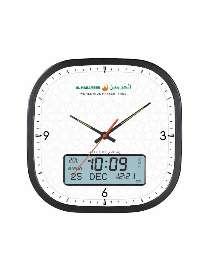 الحرمين ساعة الحرمين الإسلامية للصلاة بشاشة مزدوجة تناظرية ورقمية مع الأذان ودرجة الحرارة والقبلة والتقويم الهجري والميلادي مقاس 33x33 سم هدية مثالية للمسلمين وتصميم بنمط أبيض بإصدار محدود HA-7055B - Image 1